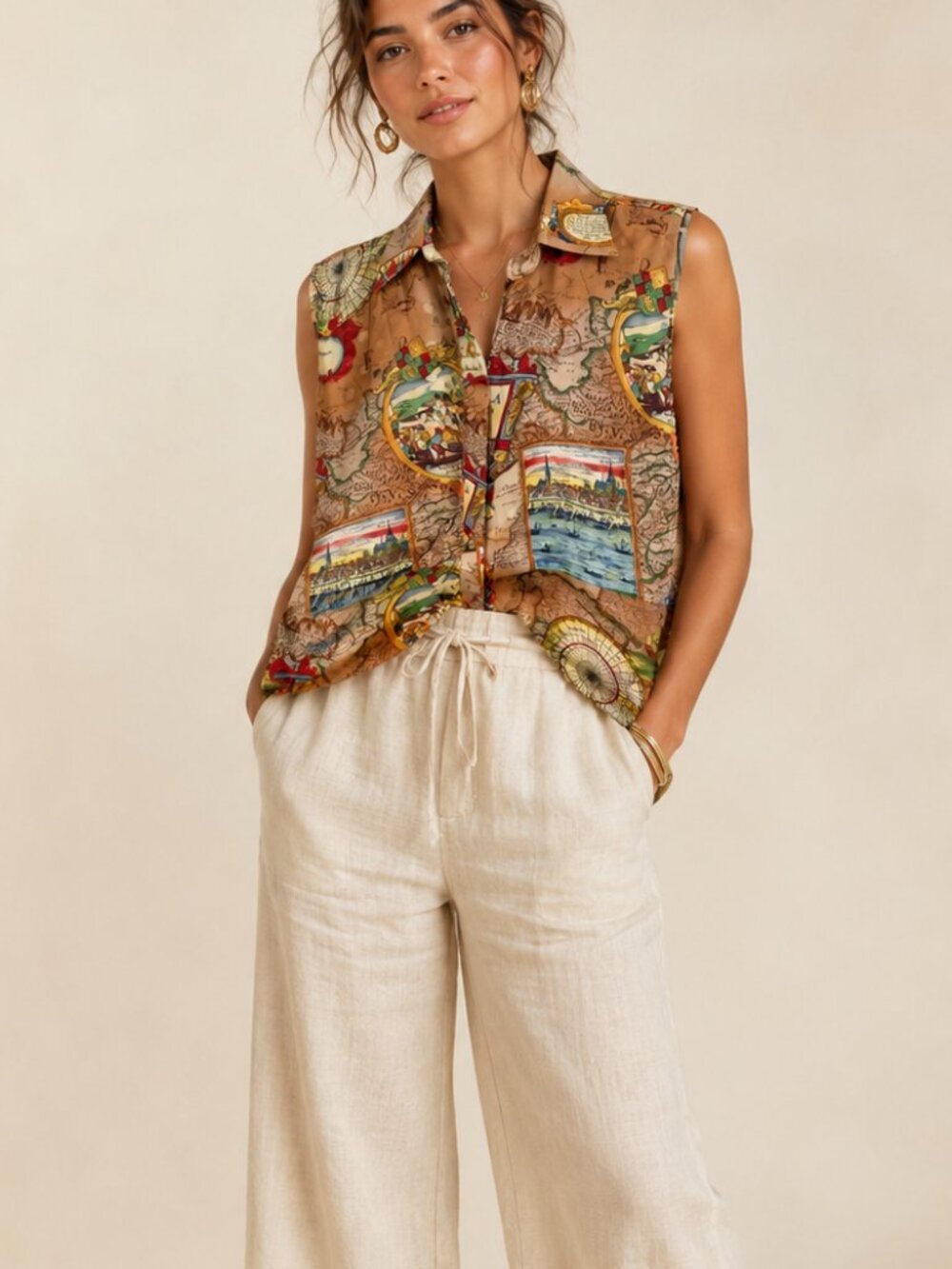 SUZANNE Sleeveless Map-Print World Traveler Button-Up Shirt with Globe Buttons